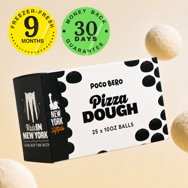 A Poco Bero Pizza Dough box of 25 frozen 10 oz New York-style dough balls, with 9-month freezer-fresh and 30-day money-back badges