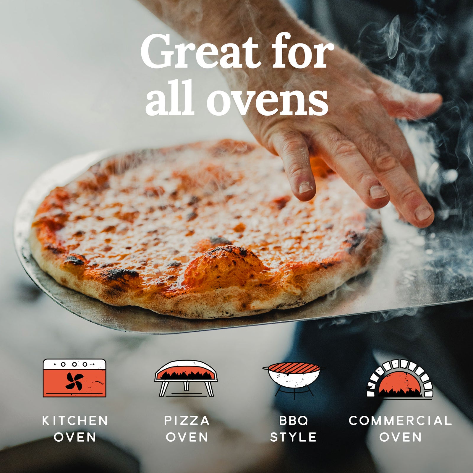 A baked Poco Bero pizza on a peel with oven icons for kitchen oven, pizza oven, BBQ style, and commercial oven. Text on image: Great for all ovens