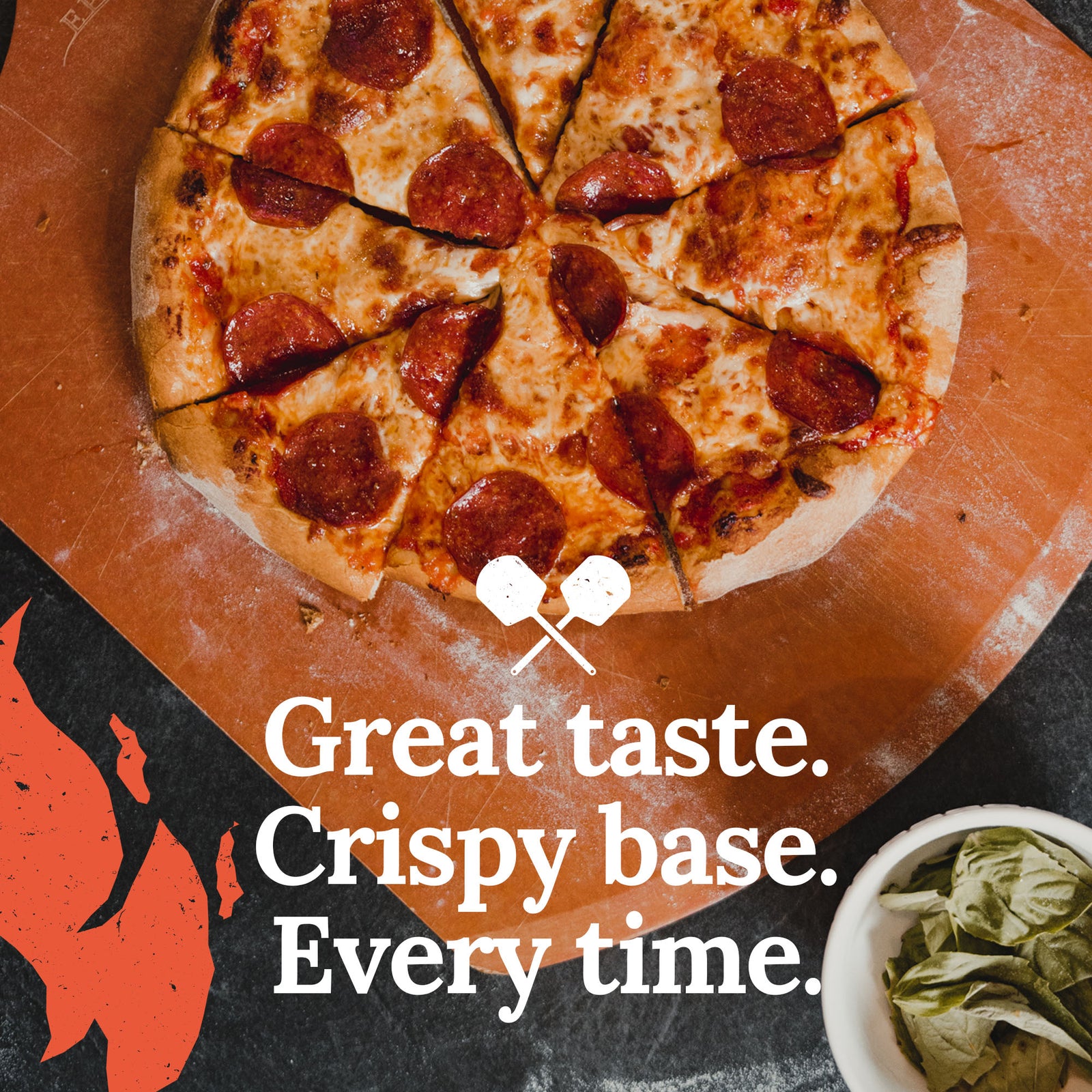 Overhead of a sliced pepperoni pizza made with Poco Bero dough. Text on image: Great taste. Crispy base. Every time.