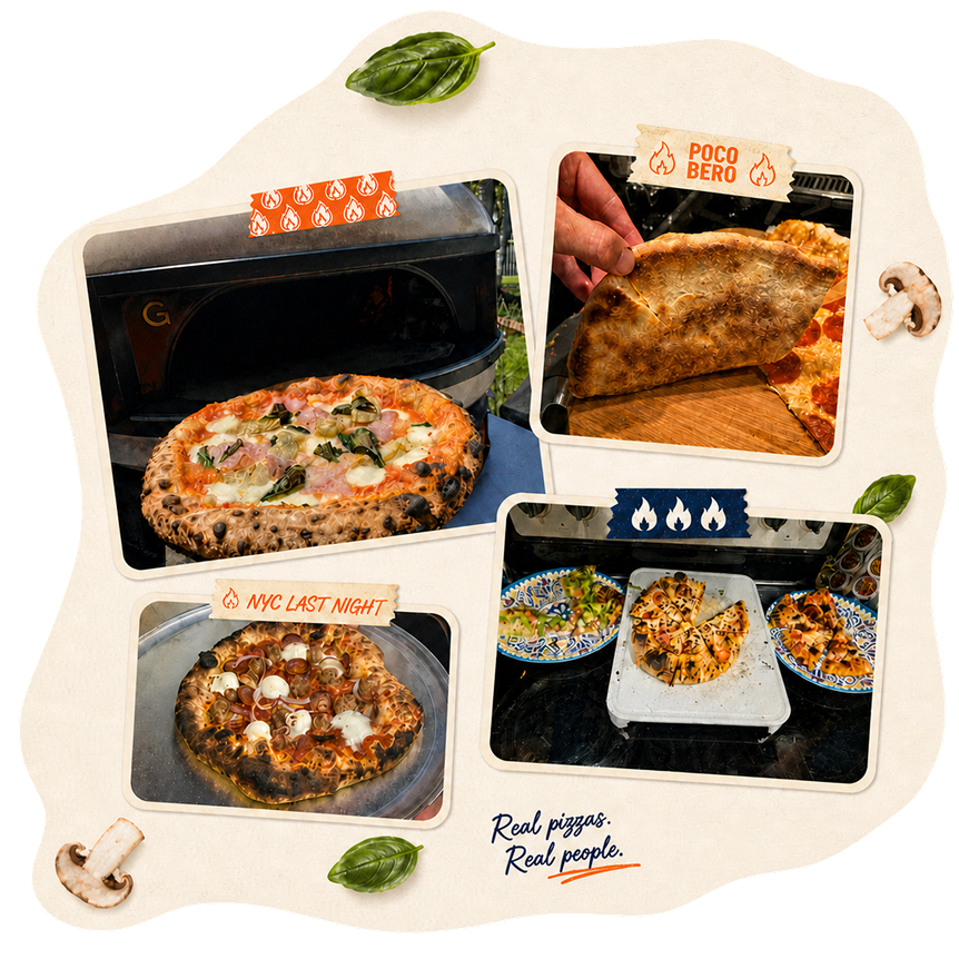 Collage of customer pizzas and a calzone made with Poco Bero dough. Text on image: Real pizzas. Real people.